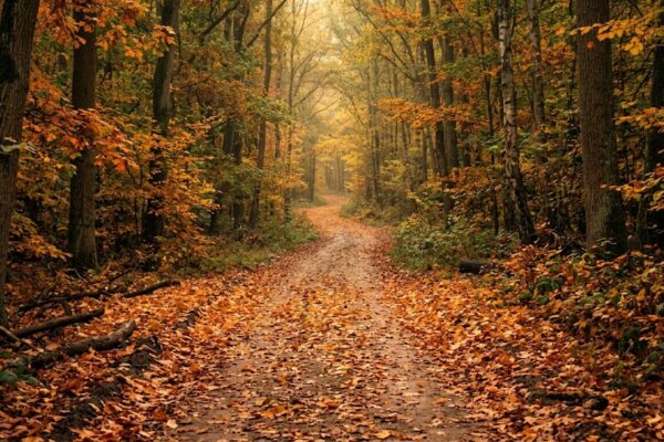 पतझर में गिरते पत्तों के बीच अकेला रास्ता, दूरी और शांति का प्रतीक दृश्य