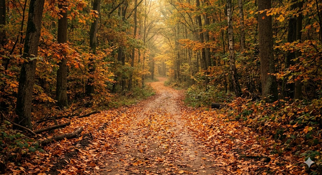 पतझर में गिरते पत्तों के बीच अकेला रास्ता, दूरी और शांति का प्रतीक दृश्य