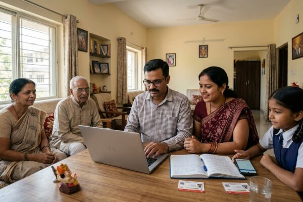 मोबाइल पर डिजिटल जनगणना फॉर्म भरता हुआ व्यक्ति