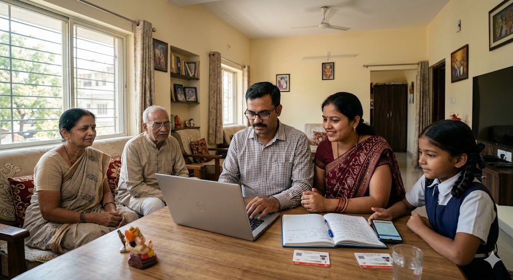 मोबाइल पर डिजिटल जनगणना फॉर्म भरता हुआ व्यक्ति