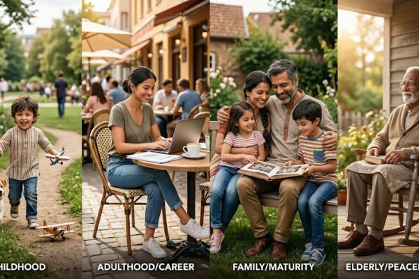 जीवन के चार चरण दर्शाते चार अलग उम्र के लोग, समय का प्रवाह