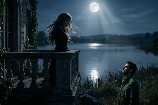 चाँदनी रात में हवा में लहराते लंबे बालों वाली महिला, जिसके आसपास भावनात्मक और रहस्यमयी माहौल है