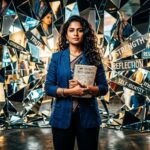 आत्मविश्वास से भरी महिला, आईने के सामने खड़ी, अपनी पहचान और सच्चाई को दर्शाती हुई