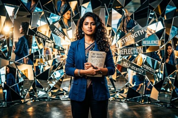आत्मविश्वास से भरी महिला, आईने के सामने खड़ी, अपनी पहचान और सच्चाई को दर्शाती हुई