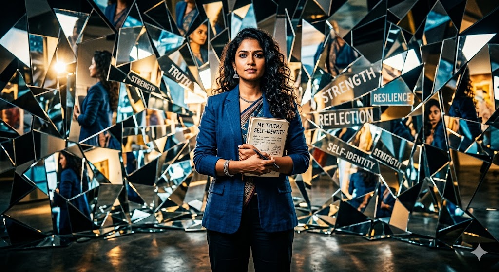 आत्मविश्वास से भरी महिला, आईने के सामने खड़ी, अपनी पहचान और सच्चाई को दर्शाती हुई