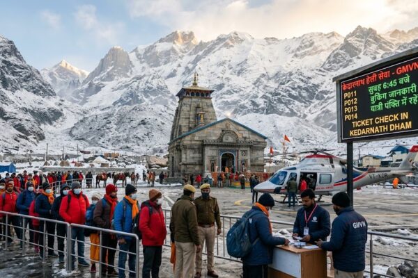 केदारनाथ धाम में हेलीकॉप्टर सेवा के लिए हेलीपैड पर खड़ा हेलीकॉप्टर और यात्री