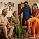 एक भारतीय परिवार का भावनात्मक दृश्य जिसमें दादा-दादी, माता-पिता और एक बेटी पारंपरिक माहौल में साथ खड़े हैं; बेटी आदरपूर्वक बुजुर्गों के चरण स्पर्श कर रही है, घर में स्नेह, संस्कार और पारिवारिक मूल्यों का वातावरण दिखाई दे रहा है।