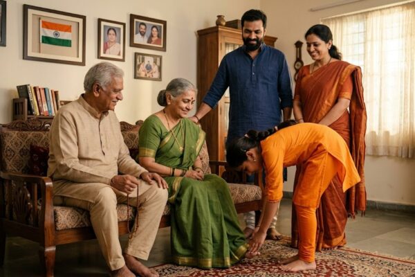 एक भारतीय परिवार का भावनात्मक दृश्य जिसमें दादा-दादी, माता-पिता और एक बेटी पारंपरिक माहौल में साथ खड़े हैं; बेटी आदरपूर्वक बुजुर्गों के चरण स्पर्श कर रही है, घर में स्नेह, संस्कार और पारिवारिक मूल्यों का वातावरण दिखाई दे रहा है।