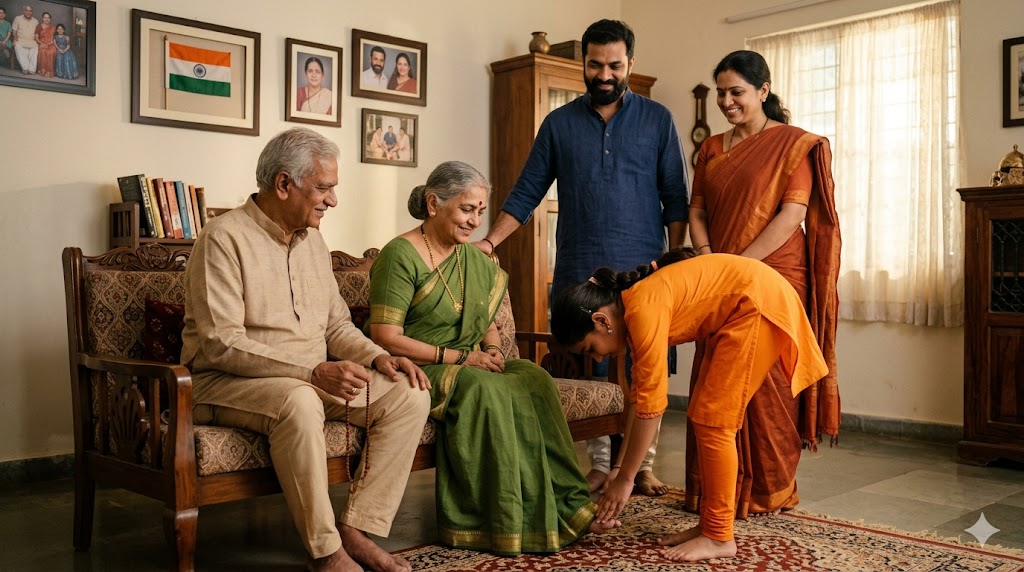 एक भारतीय परिवार का भावनात्मक दृश्य जिसमें दादा-दादी, माता-पिता और एक बेटी पारंपरिक माहौल में साथ खड़े हैं; बेटी आदरपूर्वक बुजुर्गों के चरण स्पर्श कर रही है, घर में स्नेह, संस्कार और पारिवारिक मूल्यों का वातावरण दिखाई दे रहा है।