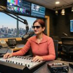 एक भारतीय दृष्टिदिव्यांग महिला रेडियो स्टूडियो में हेडफोन पहनकर माइक्रोफोन के सामने आत्मविश्वास के साथ बोलती हुई, प्रेरणा और आत्मनिर्भरता का प्रतीक