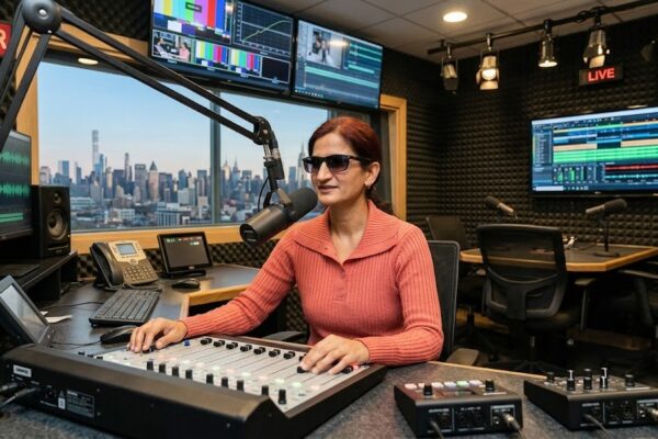 एक भारतीय दृष्टिदिव्यांग महिला रेडियो स्टूडियो में हेडफोन पहनकर माइक्रोफोन के सामने आत्मविश्वास के साथ बोलती हुई, प्रेरणा और आत्मनिर्भरता का प्रतीक