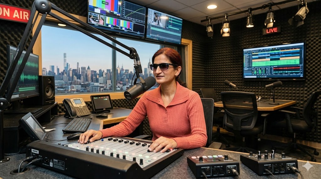 एक भारतीय दृष्टिदिव्यांग महिला रेडियो स्टूडियो में हेडफोन पहनकर माइक्रोफोन के सामने आत्मविश्वास के साथ बोलती हुई, प्रेरणा और आत्मनिर्भरता का प्रतीक