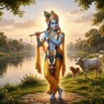बांसुरी बजाते हुए वृंदावन में खड़े श्रीकृष्ण का दिव्य और शांत स्वरूप