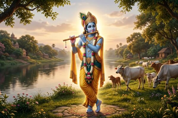 बांसुरी बजाते हुए वृंदावन में खड़े श्रीकृष्ण का दिव्य और शांत स्वरूप