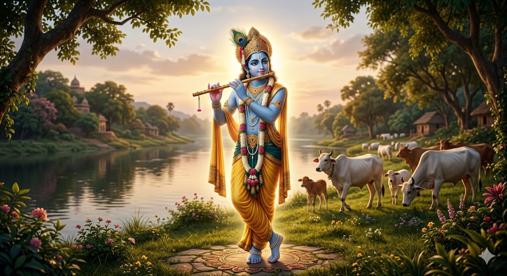 बांसुरी बजाते हुए वृंदावन में खड़े श्रीकृष्ण का दिव्य और शांत स्वरूप