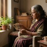 घर में अकेली बैठी एक बुजुर्ग महिला, खिड़की से आती रोशनी के बीच उदासी और अकेलेपन का भाव