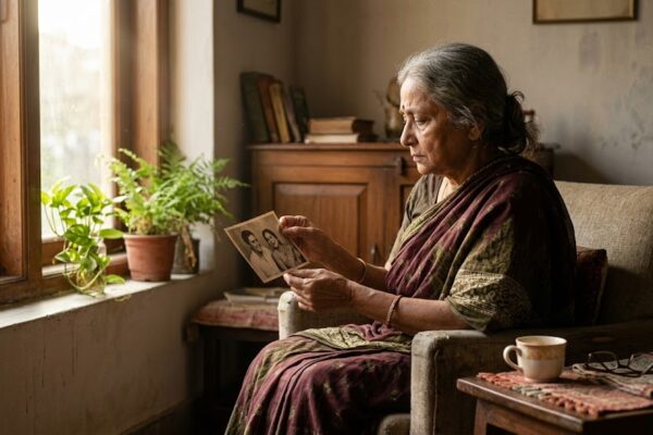 घर में अकेली बैठी एक बुजुर्ग महिला, खिड़की से आती रोशनी के बीच उदासी और अकेलेपन का भाव