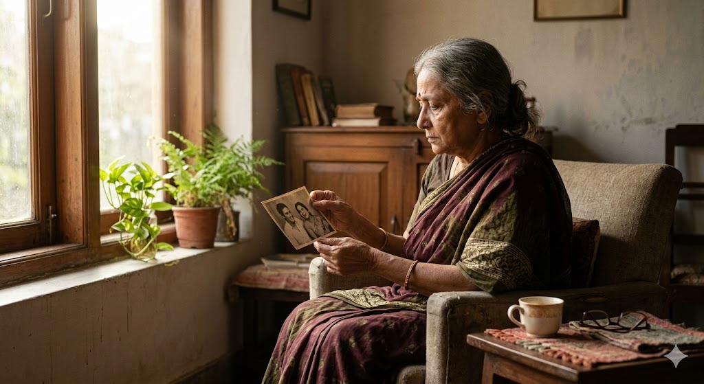 घर में अकेली बैठी एक बुजुर्ग महिला, खिड़की से आती रोशनी के बीच उदासी और अकेलेपन का भाव