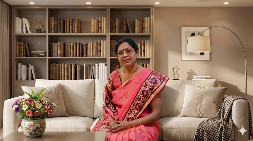 साहित्यकार मधु मिश्रा पुस्तकों के साथ बैठी हुई, लेखन और साहित्यिक उपलब्धियों को दर्शाता प्रेरणादायक दृश्य।