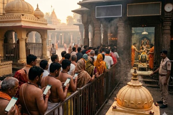 महाकाल मंदिर उज्जैन में भस्म आरती के दौरान श्रद्धालु और पुजारी