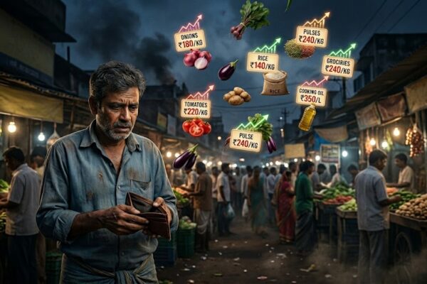महंगाई से परेशान आम आदमी और बढ़ती कीमतों का प्रतीकात्मक दृश्य