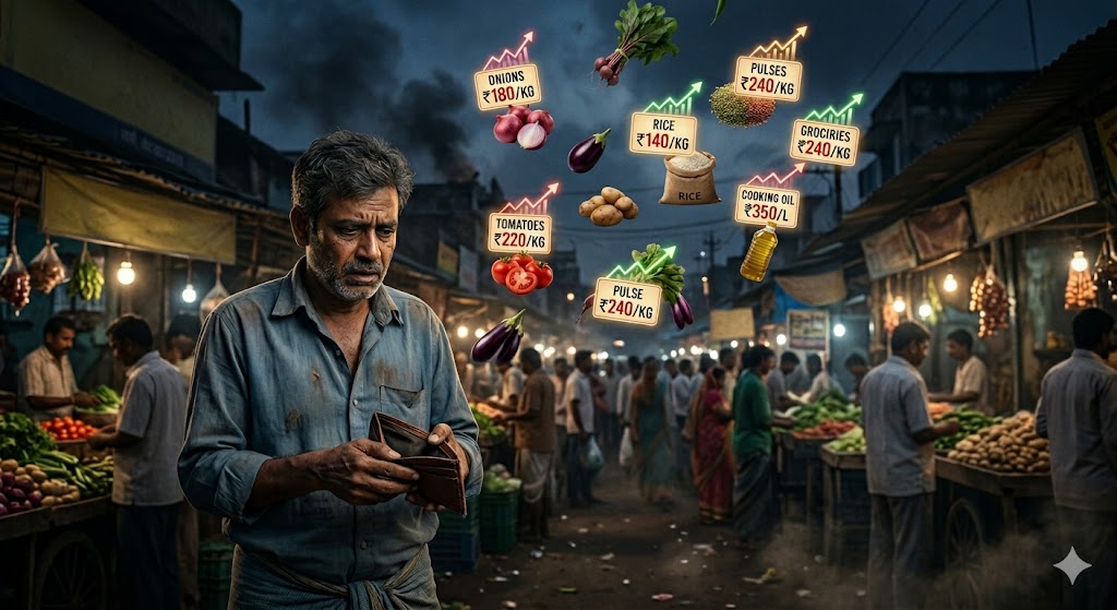 महंगाई से परेशान आम आदमी और बढ़ती कीमतों का प्रतीकात्मक दृश्य