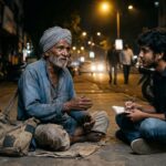 थका हुआ बूढ़ा मजदूर सड़क किनारे बैठा हुआ, आँखों में उम्मीद और जीवन संघर्ष का भाव