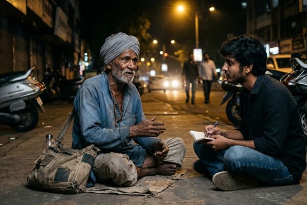 थका हुआ बूढ़ा मजदूर सड़क किनारे बैठा हुआ, आँखों में उम्मीद और जीवन संघर्ष का भाव