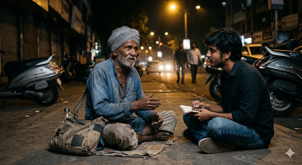 थका हुआ बूढ़ा मजदूर सड़क किनारे बैठा हुआ, आँखों में उम्मीद और जीवन संघर्ष का भाव