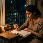 एक व्यक्ति शांत वातावरण में डायरी लिखते हुए, मन की गहराई को व्यक्त करता हुआ