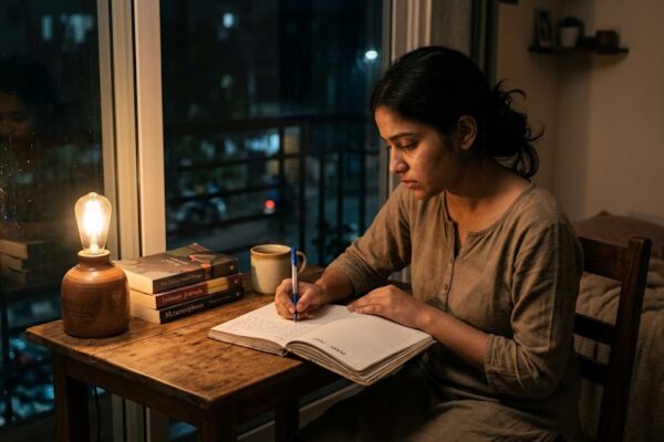 एक व्यक्ति शांत वातावरण में डायरी लिखते हुए, मन की गहराई को व्यक्त करता हुआ