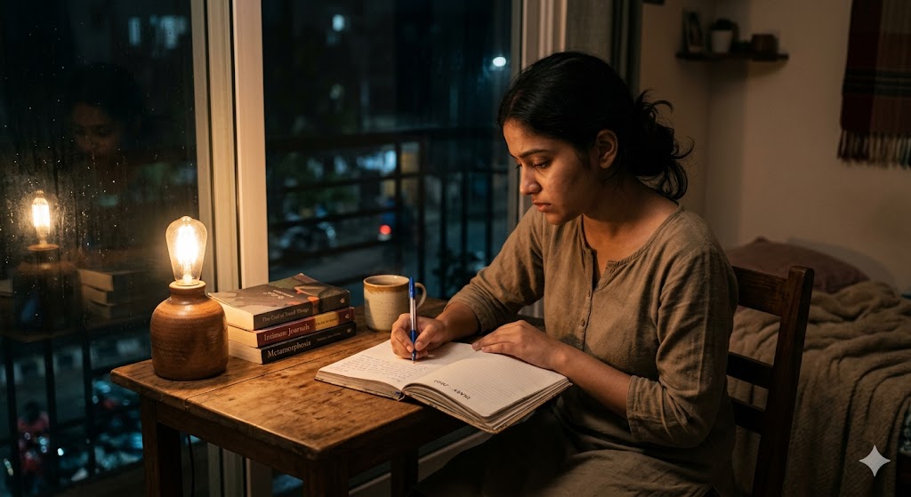 एक व्यक्ति शांत वातावरण में डायरी लिखते हुए, मन की गहराई को व्यक्त करता हुआ