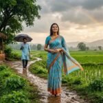 बरसात के बीच गाँव की पगडंडी पर खड़ी एक युवती, दूर से आते प्रियजन के साथ प्रेम और सुकून का भाव, बादलों के बीच उभरता इंद्रधनुष और हरियाली से भरा शांत वातावरण