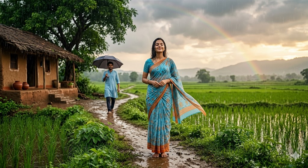 बरसात के बीच गाँव की पगडंडी पर खड़ी एक युवती, दूर से आते प्रियजन के साथ प्रेम और सुकून का भाव, बादलों के बीच उभरता इंद्रधनुष और हरियाली से भरा शांत वातावरण