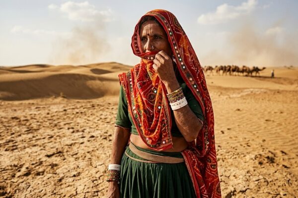 रेगिस्तान में खड़ी एक पारंपरिक वेशभूषा में महिला, गर्म रेत और धूप के बीच संघर्ष और दृढ़ता का प्रतीक