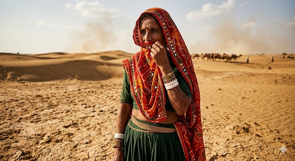 रेगिस्तान में खड़ी एक पारंपरिक वेशभूषा में महिला, गर्म रेत और धूप के बीच संघर्ष और दृढ़ता का प्रतीक