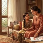 माँ अपनी बेटी को मासिक धर्म के बारे में समझाते हुए, जागरूकता और स्नेह का भाव