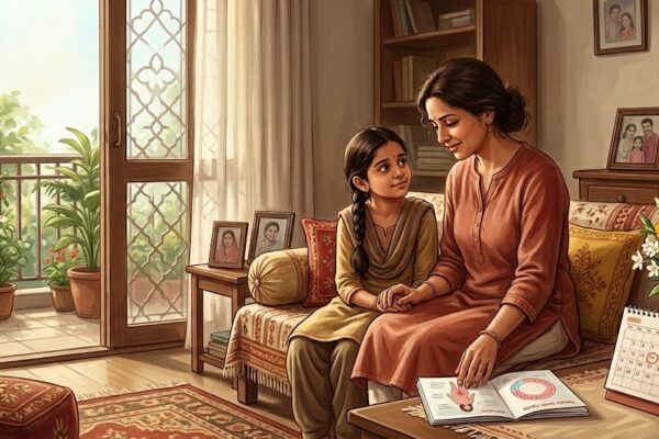 माँ अपनी बेटी को मासिक धर्म के बारे में समझाते हुए, जागरूकता और स्नेह का भाव