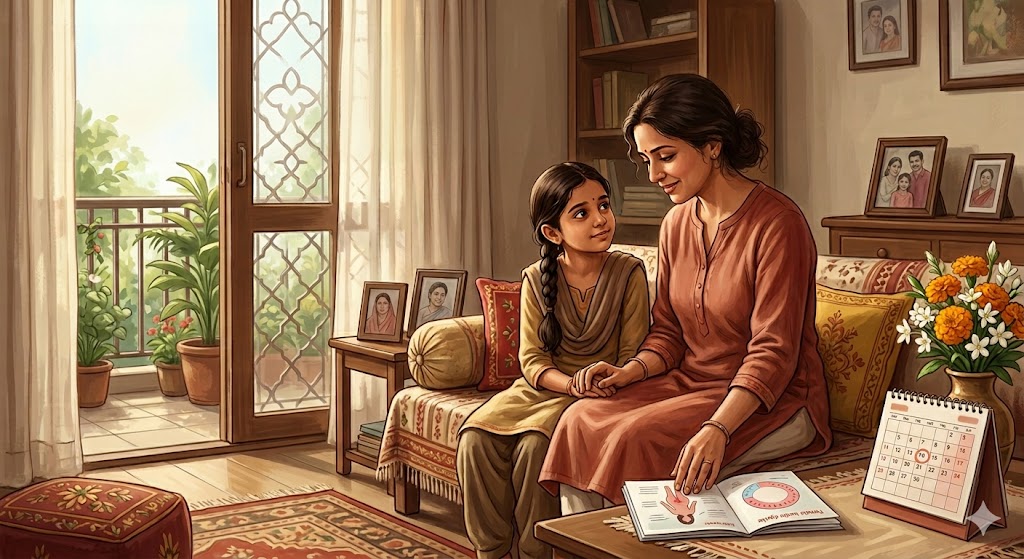 माँ अपनी बेटी को मासिक धर्म के बारे में समझाते हुए, जागरूकता और स्नेह का भाव