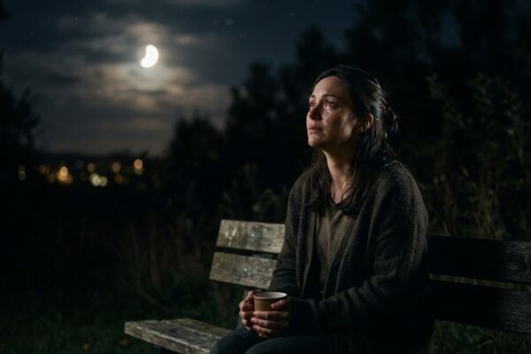चांदनी रात में अकेली बैठी महिला, किसी के इंतजार में खोई हुई, भावनात्मक और विरह का दृश्य