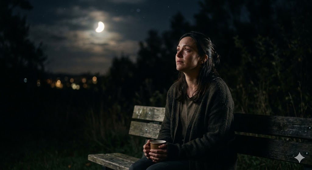 चांदनी रात में अकेली बैठी महिला, किसी के इंतजार में खोई हुई, भावनात्मक और विरह का दृश्य