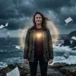 आंधी के बीच खड़ी एक मजबूत महिला, जिसके चारों ओर अंधेरा है लेकिन उसके भीतर से प्रेम की रोशनी निकल रही है।