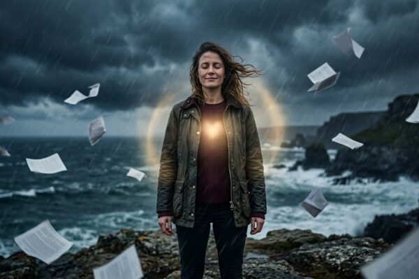 आंधी के बीच खड़ी एक मजबूत महिला, जिसके चारों ओर अंधेरा है लेकिन उसके भीतर से प्रेम की रोशनी निकल रही है।