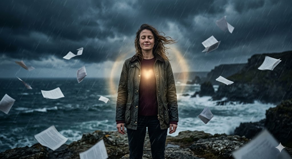 आंधी के बीच खड़ी एक मजबूत महिला, जिसके चारों ओर अंधेरा है लेकिन उसके भीतर से प्रेम की रोशनी निकल रही है।