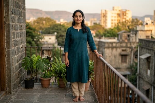 आत्मविश्वास से भरी एक भारतीय महिला, स्वतंत्र और सशक्त व्यक्तित्व को दर्शाती हुई