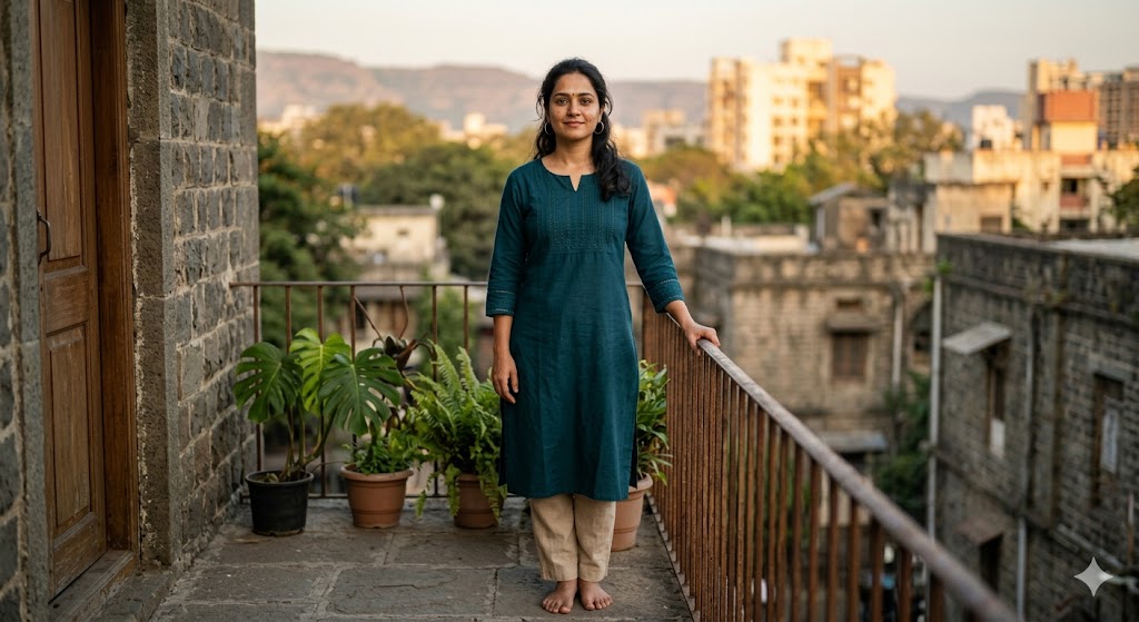 आत्मविश्वास से भरी एक भारतीय महिला, स्वतंत्र और सशक्त व्यक्तित्व को दर्शाती हुई