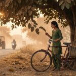 धूल से ढके पेड़ के नीचे साइकिल के पास खड़ी एक लड़की, पर्यावरण और प्रकृति के संवाद का प्रतीक