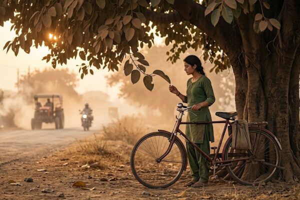 धूल से ढके पेड़ के नीचे साइकिल के पास खड़ी एक लड़की, पर्यावरण और प्रकृति के संवाद का प्रतीक