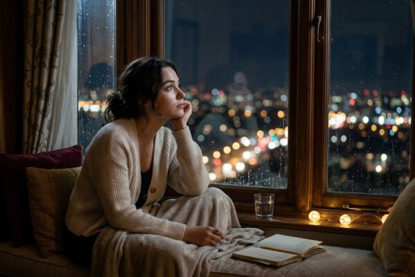 रात के शांत माहौल में खिड़की के पास बैठी लड़की, खामोश मोहब्बत और अनकहे प्यार के भावों में डूबी हुई
