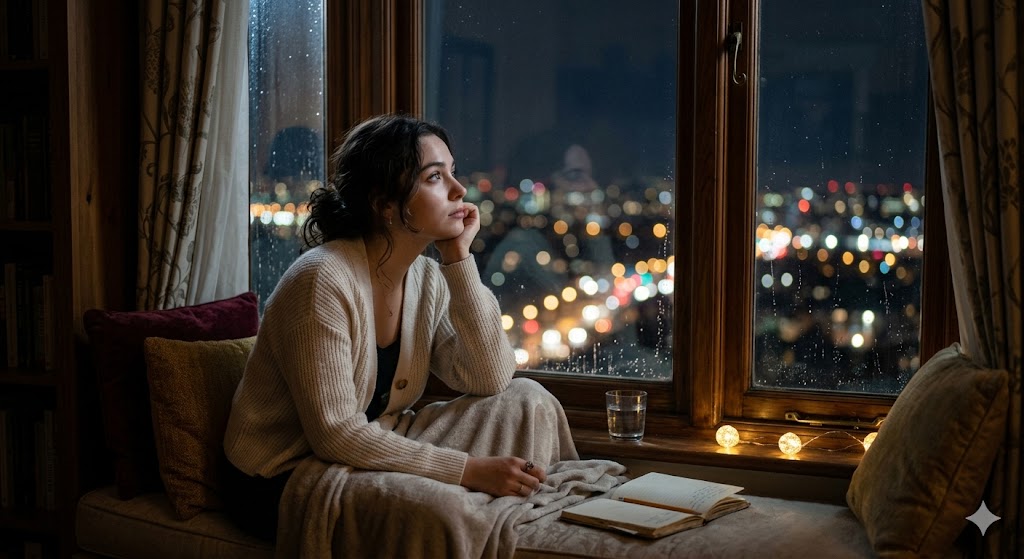 रात के शांत माहौल में खिड़की के पास बैठी लड़की, खामोश मोहब्बत और अनकहे प्यार के भावों में डूबी हुई
